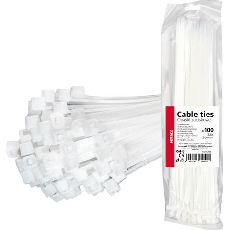 Bridas blancas para cables de 3,6 × 300 mm, 100 unidades, amio-04309 (1/5)