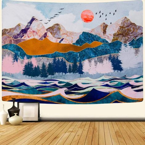 EASYCOMFORT Tapisserie Murale Paysage de Montagne et Coucher de Soleil - Décoration d'Intérieur, Forêt, Arbres, Vague, Art (51,2 x 59,1 pouces) (1/4)