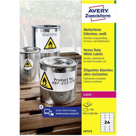 Avery-Zweckform L4773-8 Etichetta a pellicola 63.5 x 33.9 mm Pellicola in poliestere Bianco 192 pz. A tenuta permanente (1/5)