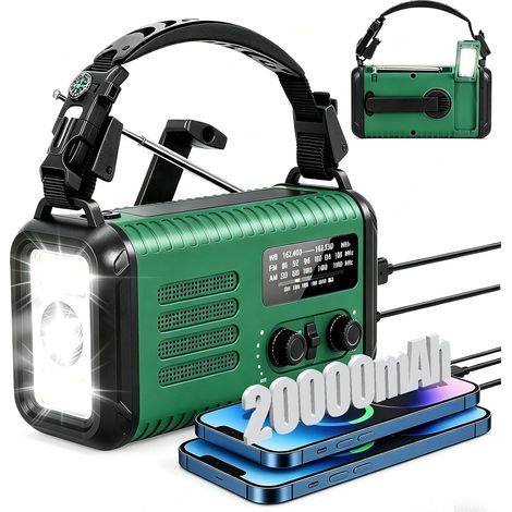 20000 mAh Emergency Radio, AM/FM/NOAA Solar Hand Crank Radio, with Mobile Phone Charger, SOS Alarm, Flashlight and Reading Light for Emergencies, Hurricanes, Camping (Dark Green)
