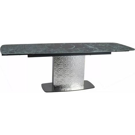 Table design extensible aspect marbre vert avec pied central en acier inoxydable Eglantine (1/5)
