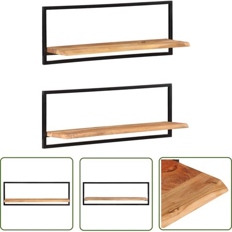 The Living Store Étagères murales 2 pcs 100x24x35 cm Bois d'acacia et acier - Étagères Murales - Étagères En Bois - Étagères Design - Rangement Mural - Décoration Murale (1/5)