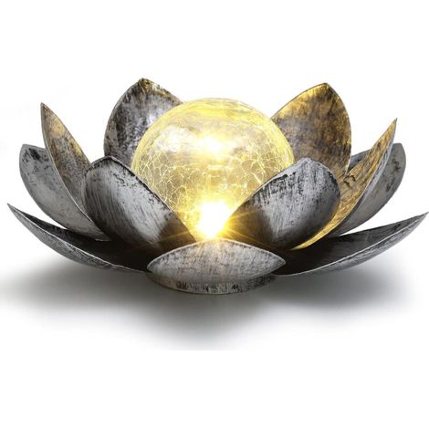 royaluxe -Lampe solaire de jardin extéri Lotus, décoration de jardin extéri Lotus avec globe en verre craquelé, cadeaux de jardin pour femmes (argent)