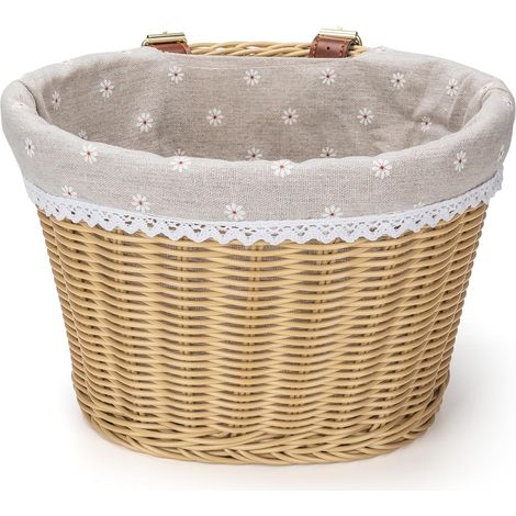 Panier de vélo vintage aspect rotin avec doublure florale et dentelle – Élégant panier de vélo en rotin artificiel avec sangles de fixation en cuir (1/5)