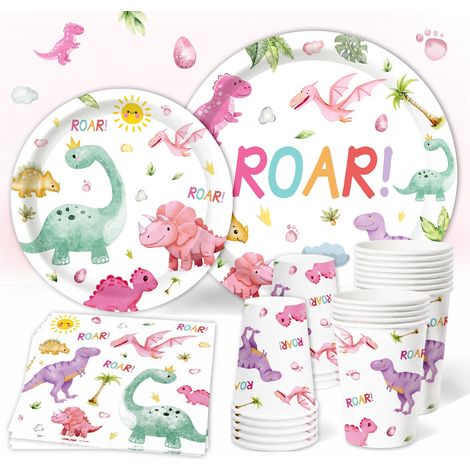 Vaisselle Jetable Anniversaire Dinosaure Rose, 96 Pièces Assiette Jetable Anniversaire Dinosaure Fille Femme, Vaisselle Enfant, Assiettes Carton Tasses Serviettes pour Decoration Jungle Safari (1/5)