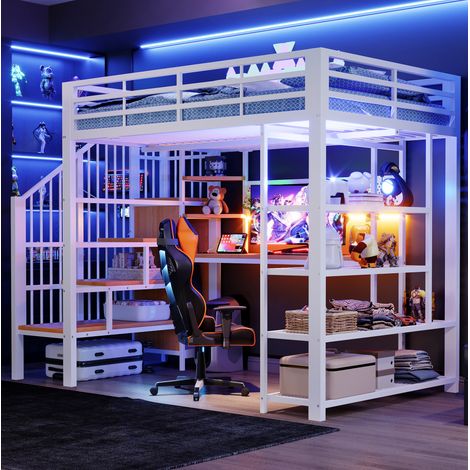 Cama alta 140x200 cm blanca de metal y madera - con escritorio y escalera (1/5)