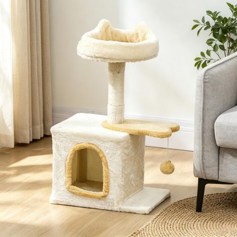 Albero tiragraffi 72 cm beige e giallo con cuccia in peluche, piattaforma a pesce e pallina - CHICFURN (1/5)