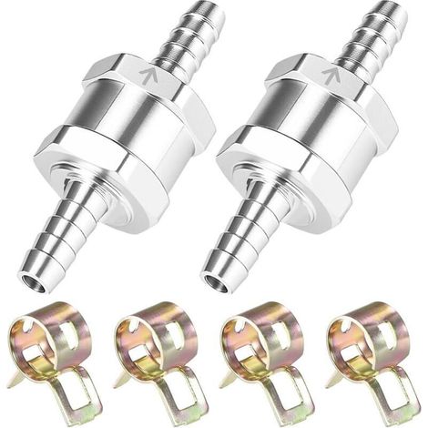 Pieces 6mm Aluminum Fuel Check Valve, 4 Clamps, for Chrome Oil and Water, Gasoline, Car, Boat, Motorcycle, Carburetor, Low Pressure Fuel Hose Systems