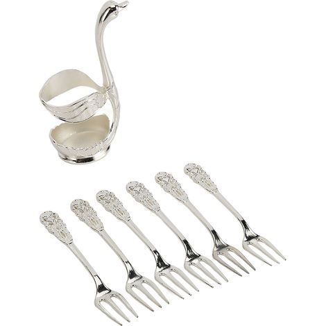 Porte-fourchettes décoratif en aluminium argenté, lot de 6 fourchettes à fruits, base cygne élégante et antirouille (1/5)