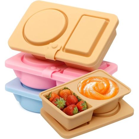Caja para snacks, frutero, frutero escolar, Paquete de 3 recipientes reutilizables de silicona para snacks con tapas, Azul, caqui, rosa, 14.8x9 (1/5)