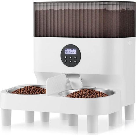 Distributore automatico di cibo per gatti da 5 litri con 2 ciotole, distributore intelligente di cibo per cani/gatti, registratore vocale, con 2 ciotole in acciaio inossidabile, bianco (1/5)