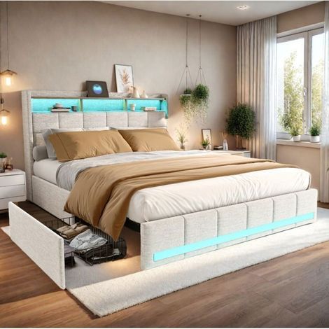 Bett 140x190 cm - TANANT - Erwachsenenbett mit LED und USB - 4 Stauraumschubladen - Kopfteil inklusive - Beige