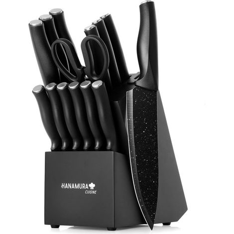 Bloc à couteaux 14 pièces - Avec couteaux, aiguiseur intégré et ciseaux de cuisine - Acier inoxydable - Ergonomique - Noir (1/5)