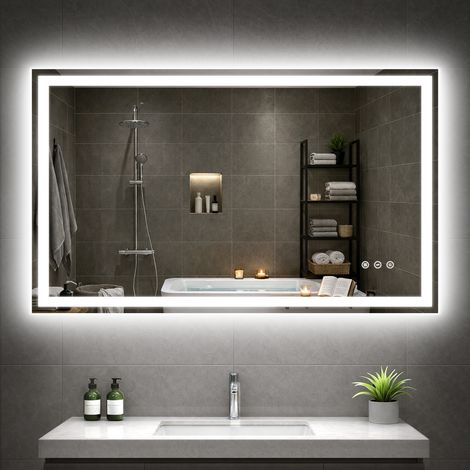 Großer Badspiegel mit Beleuchtung und Antibeschlag, 100x60cm LED Spiegel mit Licht, 3 Farben Dimmbar, Memory-Funktion, 4mm HD Hartglas, IP44, Horizontal/Vertikal, Alurahmen (1/5)