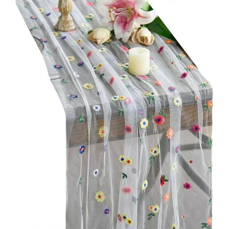 Nappe rectangulaire blanche élégante en dentelle florale, en polyester résistant à la décoloration (1/5)