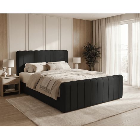 Emporius Lit double 140 x 200 Porto Bis, style moderne, matelas et surmatelas - lit avec rangement, Noir (1/5)