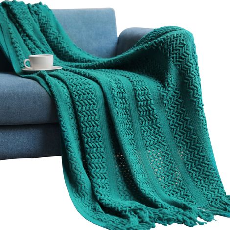 Couverture Tricotée - 127 x 152 cm avec Pompons - Pour Canapé Lit ou Bureau - Usage Intérieur Extérieur - 1 Pièce (1/5)