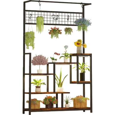 Support pour plantes à 7 niveaux avec lumières de croissance, grand étagère intérieure en métal avec crochets de suspension, présentoir en pot pour balcon et Patio (1/5)