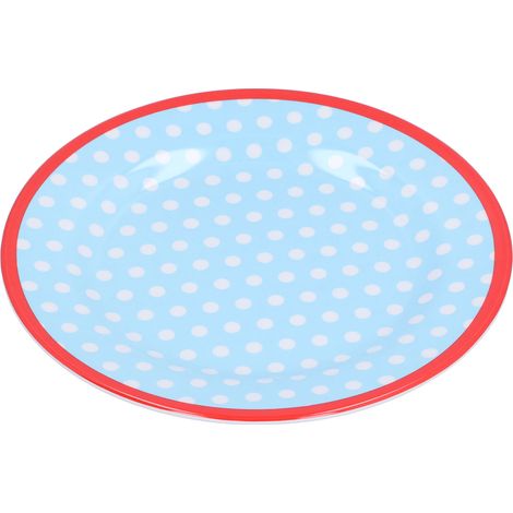 Assiette plate décorative réutilisable en imitation porcelaine de 23 cm, légère et idéale pour les gâteaux et les fruits. Motif à pois bleu clair. (1/5)