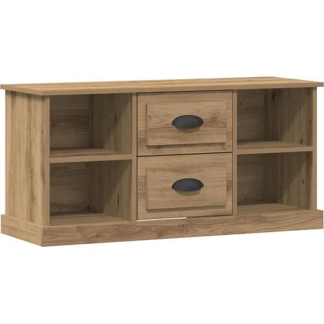 Meuble TV rectangulaire moderne avec étagères pratiques rangement 99,5 x 35,5 x 48 cm en bois d'ingénierie chêne artisanal