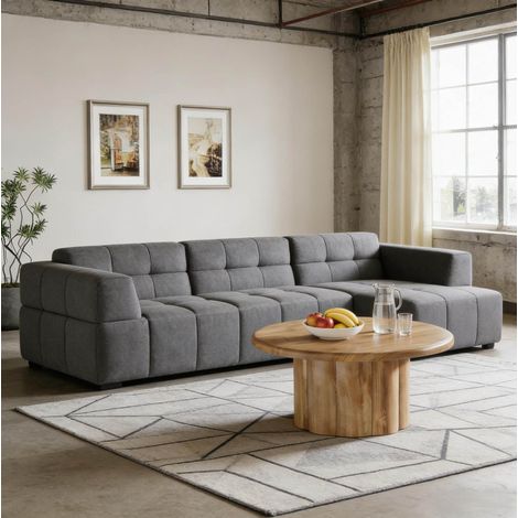 Couchtisch rund aus MDF in Braun, Ø 80 cm, geriffelter Säulenfuß im Tambour-Design (1/5)