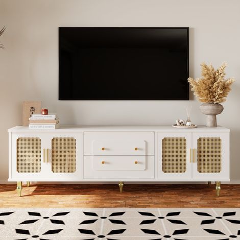 Mobile TV 175 cm, con 4 porte in rattan, 2 cassetti, piedi in metallo, maniglia in metallo, stile scandinavo, mobile da soggiorno - Bianco