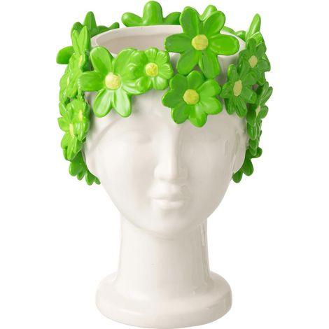 Cache-Pot Visage Fleuri "Dame" 24cm Blanc & Vert (1/4)