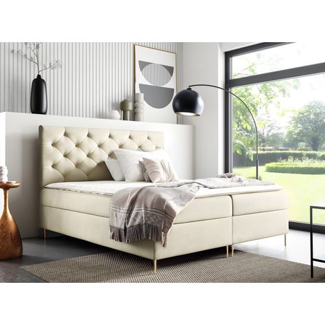 Sofello Boxspringbett LIDIA 200 x 200cm 2x Bettkasten TOPPER 5cm Gratis Beige Velour hohe goldene Beine (1/5)