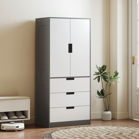 Kleiderschrank mit 2 Türen mit Soft-Close-Funktion, 3 Schubladen und Kleiderstange, 80 x 50 x 180 cm, grau und weiß (1/5)