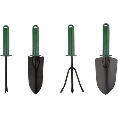 Ensemble de 4 outils de jardin robustes en métal ergonomique comprenant une truelle, un râteau et une pelle.