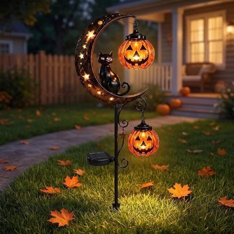 Lampe solaire de jardin « Chat noir et citrouille sur lune » (thème Halloween) – Éclairage extérieur étanche – pour terrasse, jardin, pelouse, allée – 1 pièce (1/5)