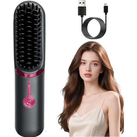 Brosse lissante sans fil en céramique, 3 niveaux de chaleur, lisseur rechargeable pour tous types de cheveux, idéal pour voyage et déplacement, noir (1/5)