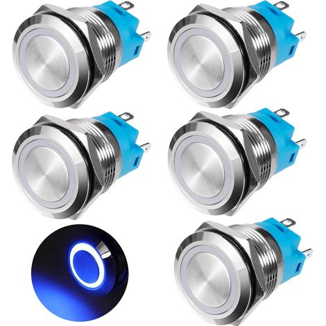 Bouton Poussoir Momentané 19mm Interrupteur Poussoir 12V-24V 3A Etanche Interrupteur à Bouton-poussoir en Laiton Chromé avec Lumière LED Anneau Bleu 5 Pièces (1/5)