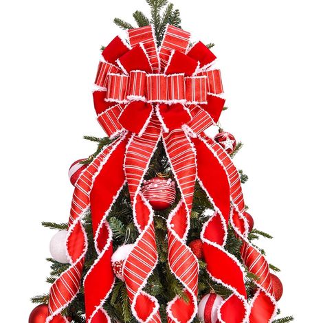 Fiocco rosso per puntale dell'albero di Natale, 30 cm x 115 cm. Grande fiocco in velluto per puntale dell'albero di Natale con bordo e fascia bianchi, ideale per albero di Natale, camino, ghirlanda e
