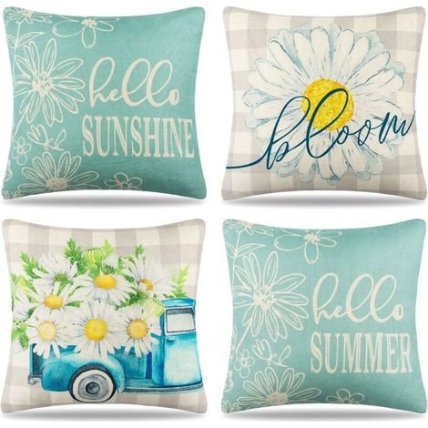 Housse Coussin 45x45 Lot de 4 Bleu Moderne Décoratif Lin Taie d'oreiller Été Printemps Fleurs Housses de Coussin Jardin Marguerites Housse Coussin pour Canapé Salon Chambre Chaise Maison Décora (1/5)