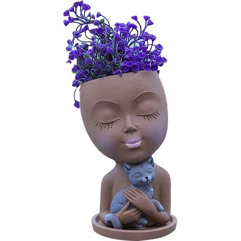 Pot de Fleurs Décoration Amigurumi  Figurine Résine Personnage avec Chat  10,5 x 11 x 19,5 cm  470 g  Plantes Succulentes  Favori de Bureau  Cadeau Original  Design Trou de Drainage  1 Pièce (1/5)