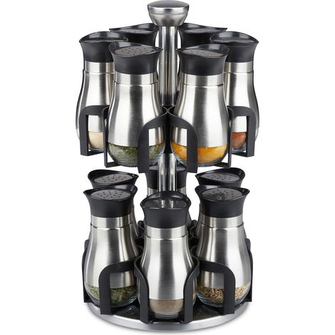 Relaxdays spice rack, 12 glass jars, stainless steel, rotating, dishwasher-proof, seasoning organiser, silver/black
