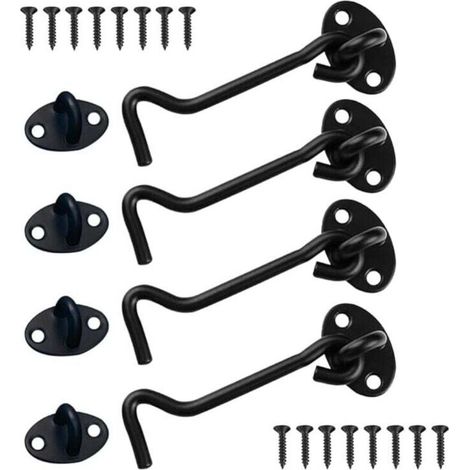 (Black) 4-Piece Sliding Door Lock Set, 4-inch Cabin Hook, Stainless Steel Door Latch, Door Closure Hook for Barn Door, Bathroom, Window, and Sliding Door Locks (1/4)