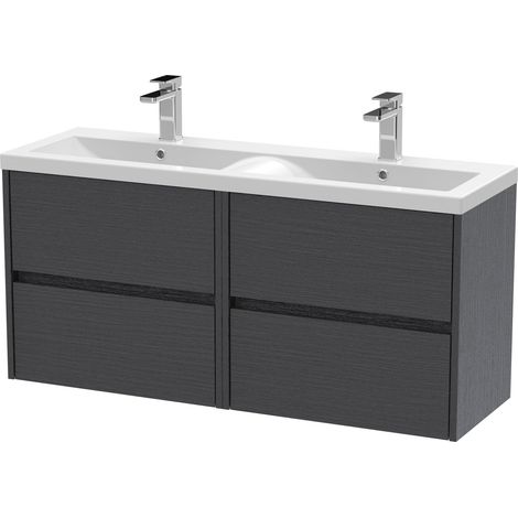 Chartley Contemporary 4 Drawer Wall Hung Vanity Unit with Double Basin, Graphite Grey Woodgrain, 1200mm