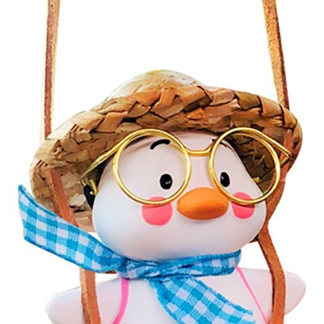 Pendentif canard suspendu rétrovision adjustable déco intérieur auto avec chapeau de paille bleu, accessoire accroche miroir voiture en corde peau cerf (1/4)
