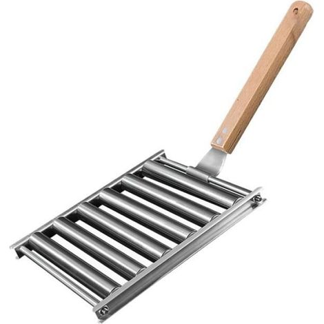 Rouleau à Hot-Dog pour Grill, Rouleau à Saucisses pour Hot-Dog, Support en Acier Inoxydable avec Manche en Bois Extra Long