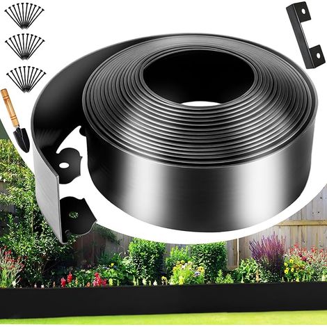 Bordure de Jardin Flexible 10m, Hauteur 10cm, 30 Piquets, 1 connecteur, 1 Petite Pelle, pelouse, Parterre Jardin. (Noir, 10cmx10m) (1/5)
