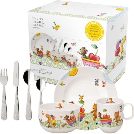 7 Pièces Service Et Couverts De Table Enfants, Garanti Lave-Vaisselle, Compatible Micro-Ondes, Set Vaisselle Enfant, Porcelaine, Acier Inoxydable (1/5)