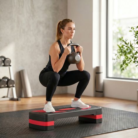 Step Fitness da Aerobica Réglable sur 3 Hauteurs, en Plastique, 80x31x10/15/20 cm, Rouge et Noir (1/5)