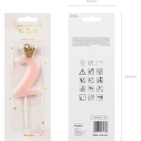 Vela de cumpleaños número 2 con corona, rosa claro (1/2)