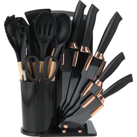Juego de 19 cuchillos de cocina de silicona con 12 utensilios de cocina, 5 cuchillos, tabla de cortar y soporte, apto para lavavajillas. (1/5)