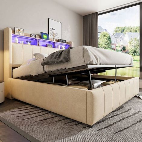 Lit Coffre 160x200cm avec LED, USB et Tête de Lit Rangement - Lit Rembourré - Tissu Lin Beige, Mécanisme Hydraulique (1/5)