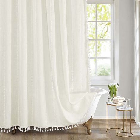 Cortina de ducha de tela de estilo bohemio moderno y rústico con borlas para baño, tela de lino, 90 x 180 cm, blanca (1/5)