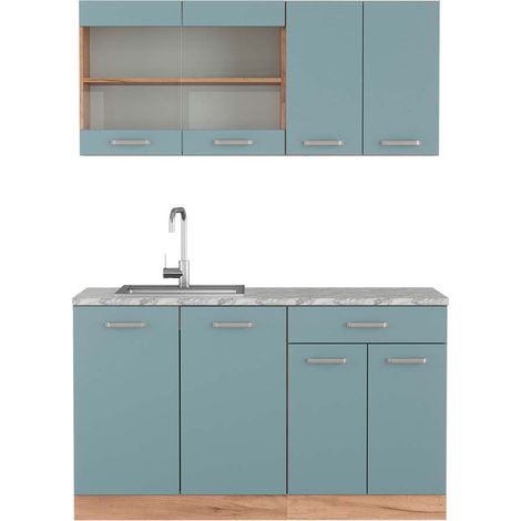 Cucina monoblocco R-Line, Rovere blu-grigio/oro, 140 cm , PL Marmo, Vicco