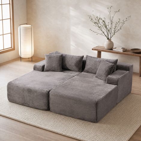 Sofá modular chaise longue, acolchado, sin montaje, con cojín, tejido chenilla gris (1/5)